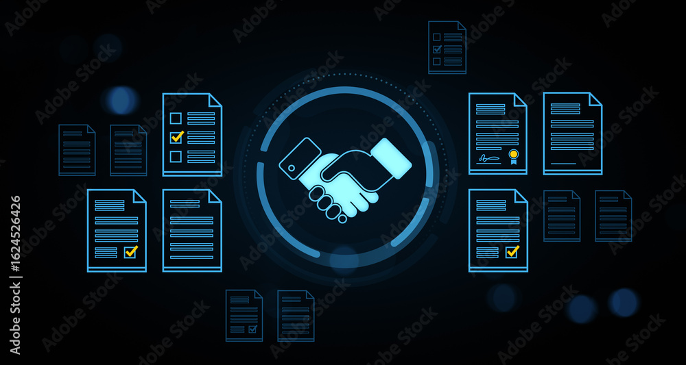 Aufkleber digital handshake with contract documents surrounding it highlighting agreement and trust concept on