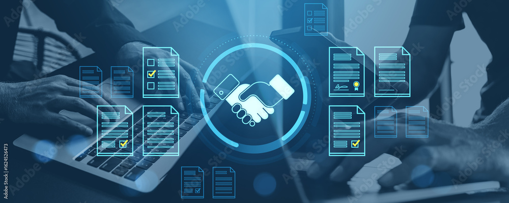 Aufkleber digital contract agreement and document management concept with handshake icon and virtual files ove