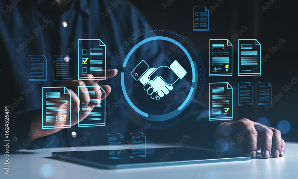 Poster digital contract agreement concept with handshake icon and electronic documents displayed on virtual