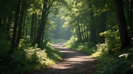 Obraz premium Sunlit Forest Pathway Lined with Tall Trees and Greenery