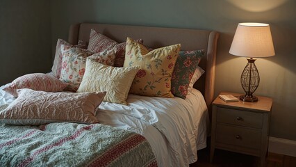 Bedroom scene showcasing bed pillows alongside a decorative lamp on a side table.