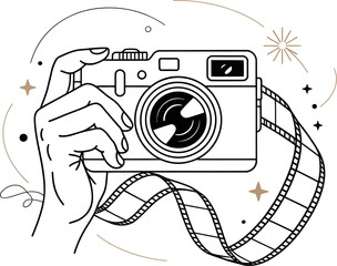 A stylized illustration of a hand holding a camera with a film strip and abstract decorations