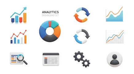 Compelling 3D analytics dashboard icons for modern business presentations and data visualization projects