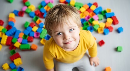 Happy toddler boy playing with colorful building blocks indoors