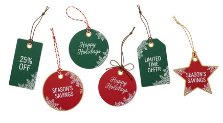 Festive holiday sale tags offering discounts and season's savings for Christmas promotions