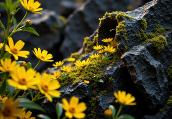 Yellow Wildflowers and Moss on Dark Volcanic Rock