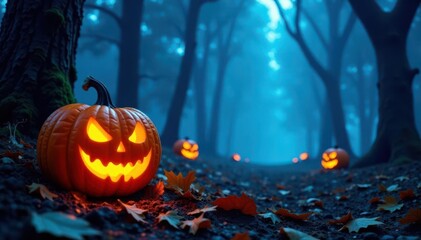 Carved pumpkins glow eerily amidst spooky forest, blue fog swirls in background , background, leaves