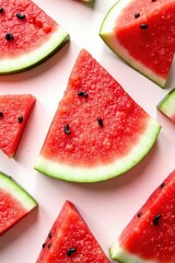 Bright red & green watermelon wedges, cheerful arrangement, pure white , fruit, still life