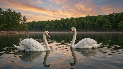 Elegant white swans swimming on a lake as the sun sets
