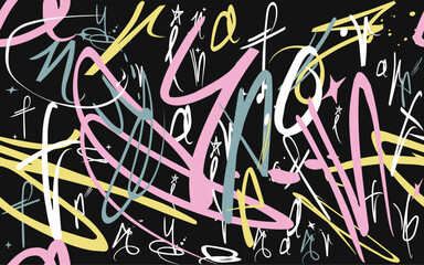 colorfull graffiti seamless pattern with abstract tags, letters without meaning. Fashion hand drawing texture, street art retro style, old school design for Tees, textile.eps8