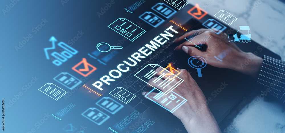 Poster digital procurement process concept showing hands typing on laptop with virtual icons for documents,