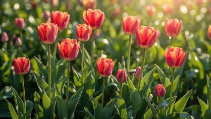 Obraz premium Sunlit tulip blossoms in a lush green garden setting