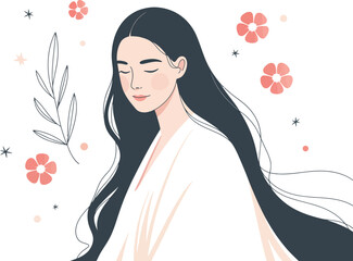 Illustration of a woman with long dark hair and closed eyes surrounded by flowers and stars