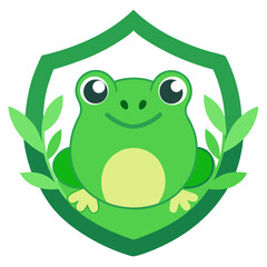 Cartoon Green Frog with Mischievous Grin, Set in Leaf-Bordered Badge with Bold Linework