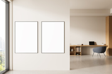 Two empty vertical posters on white wall in bright minimalist home office interior with modern desk and chair, clean layout for design presentation. 3D Rendering