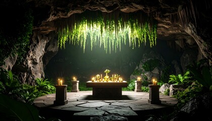 Cave Sanctuary with Candles and Plants Creating a Peaceful Setting