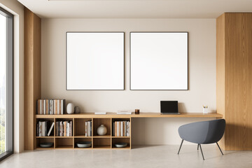 Two blank square posters on beige wall above wooden desk in modern home office interior with bookshelf, armchair, and city view window. 3D Rendering