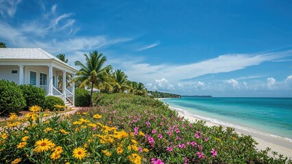 Fototapeta premium Clear sunny afternoon by the shore with blossoms and sky, summertime, trip, comfortable home, view, habitat, construction, bright facade