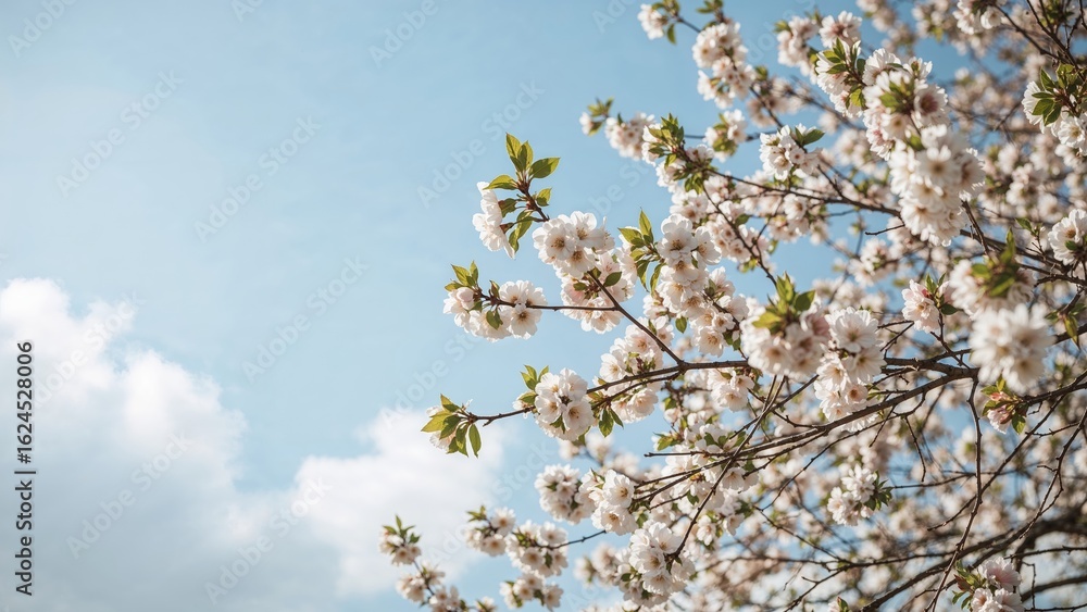Poster scenic spring backdrop featuring flowering tree limbs with empty area for text. wide banner format.