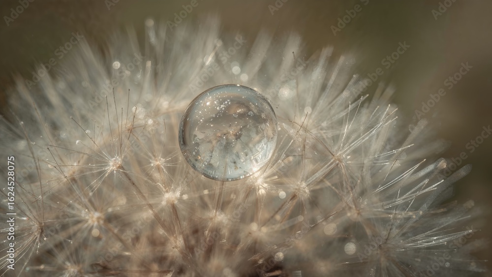 Poster nature macro image showing a bright water droplet perched on a dandelion seed, highlighted by soft s