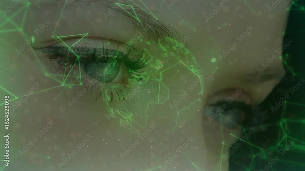 Poster female holding gaze in tech, 3d globe emerging before eye, rotating network lines visualizing data