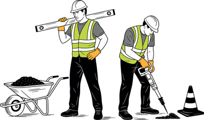 Two construction workers in safety vests, one with a level, the other with a jackhammer working