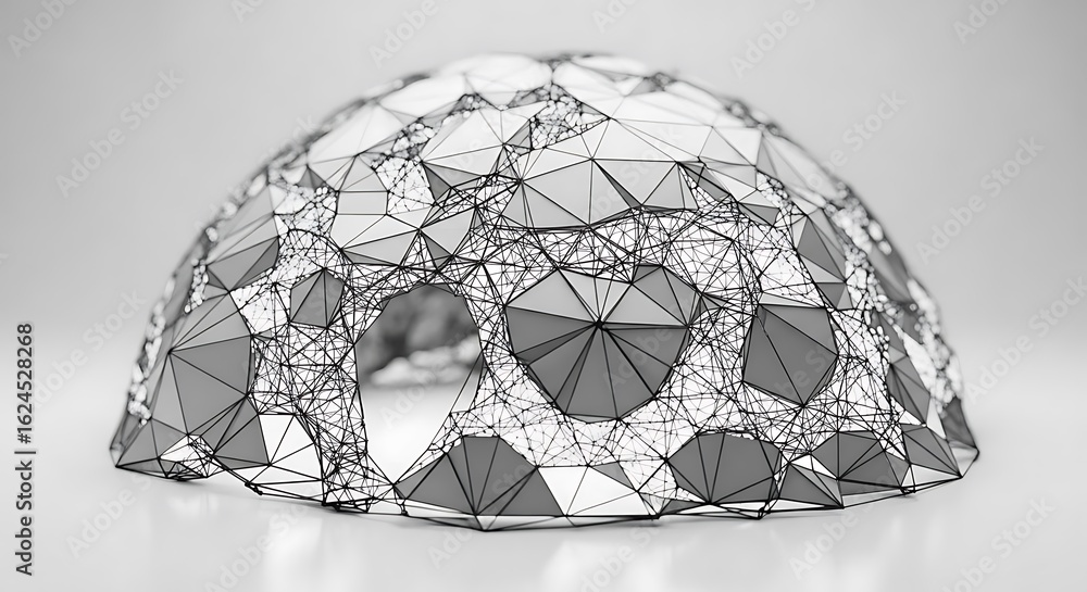 Poster a low poly dome structure with triangle panels and wireframe edges on a reflective surface