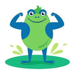 Plump Frog Mascot Flexing on a Lily Pad, Emphasizing Strength and Humor with Bold Shapes and Playful Linework