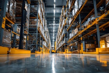 Naklejka premium Warehouse with bright lighting and yellow safety barriers.