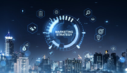 Digital marketing strategy concept with futuristic interface and business icons on city background at night using modern technology and innovation..