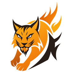 Stylized Bobcat in Mid-Pounce with Angular Flame Motif and Claw Mark Accents in Crisp Vector Style