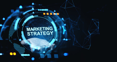 Futuristic digital interface showing a glowing Marketing Strategy concept in a human hand surrounded by tech elements and blue holographic visuals.