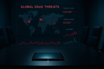 Global DDoS Threat Map Projected Above Tablet in Dark Corporate Boardroom with AI Cybersecurity Alert Graphs and Red Hotspot Indicators