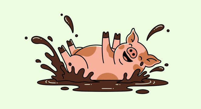 Cheerful Cartoon Pig Splashing and Rolling Joyfully in a Mud Puddle. Happy Farm Animal Playing in Dirt. Flat Vector Illustration.