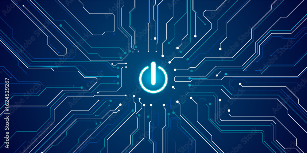 Poster ai innovation futuristic concept. technology blue background. on power blue button, and circuit boar