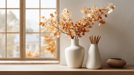 Minimalist Window Sill Decor with Vases and Dried Flowers