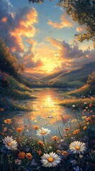 Pastoral Sunset with Daisies by the Water High Resolution Picture