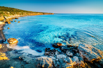 Blue Lagoon at sunrise, Akamas Peninsula,  protected nature reserve on the northwestern tip of...