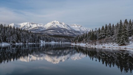 Enchanting snowy environment adorned with dense greenery