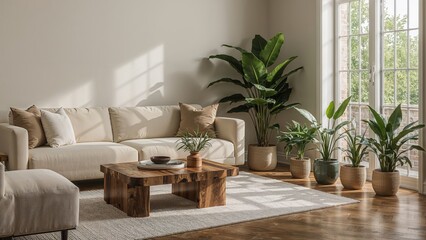 Warm and welcoming living space furnished with soft sofas, a table, and lush houseplants near the window