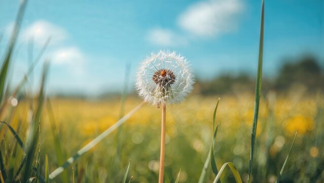 Fototapeta Lovely red bug on a dandelion with an out-of-focus background