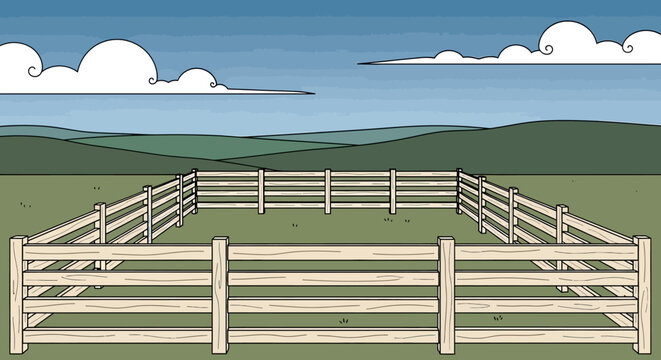 Empty wooden fence corral in a green field under a blue sky. Cartoon illustration of a rural paddock enclosure.