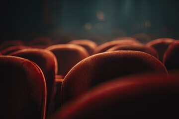 Obraz premium Red velvet theater seats in a darkened auditorium