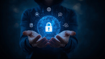 Person holding glowing digital globe with lock and security icons cybersecurity data protection