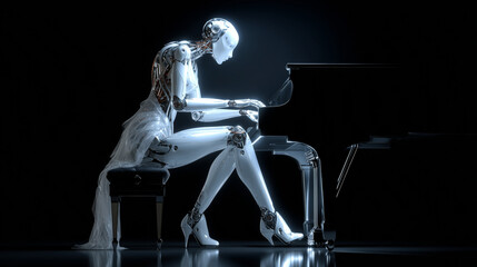 A humanoid robot with a sleek, metallic design is seated and playing the piano in a dark setting.