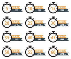A set of countdown timers in flat design style showing time remaining from 5 to 60 hours. Perfect for sales, deadlines, marketing campaigns, time management visuals, and infographics.