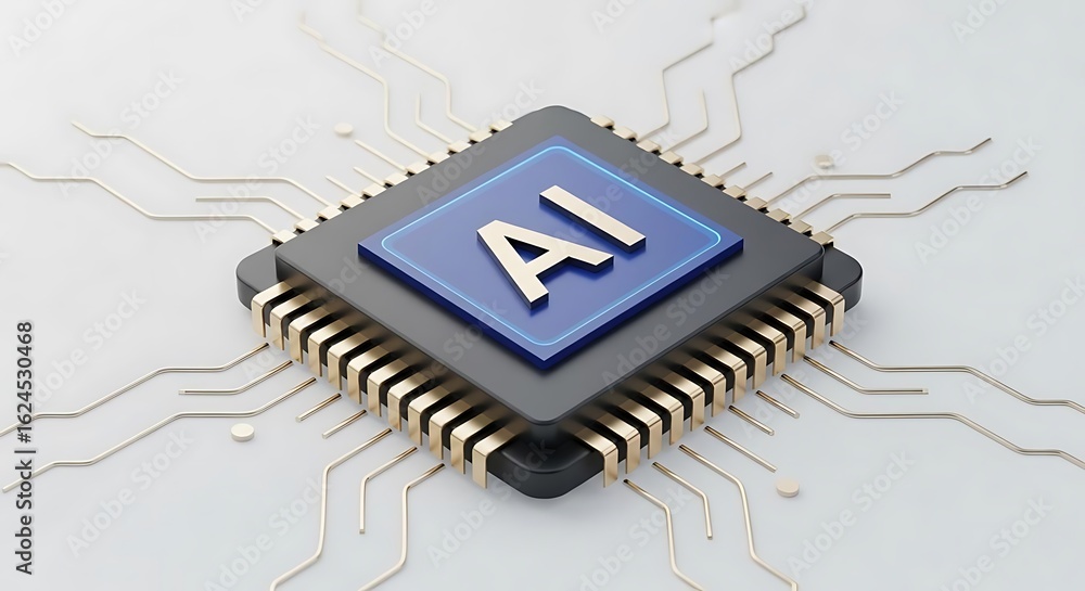 Aufkleber a close up of a microchip with the letters ai on it with silver pins on a white background