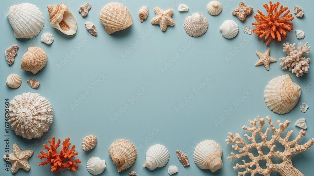 Aufkleber chic flat lay display featuring assorted seashells and corals set against a blue backdrop. top-down 