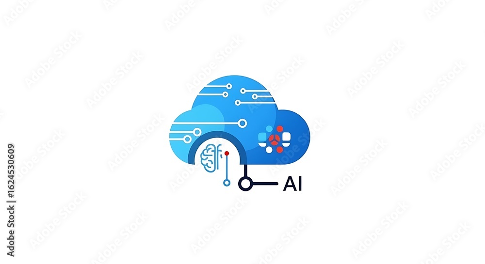 Poster a blue cloud with ai brain and molecule connected by lines and circles on a white background