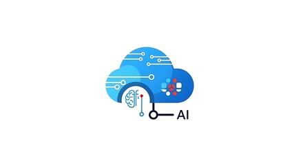A blue cloud with ai brain and molecule connected by lines and circles on a white background